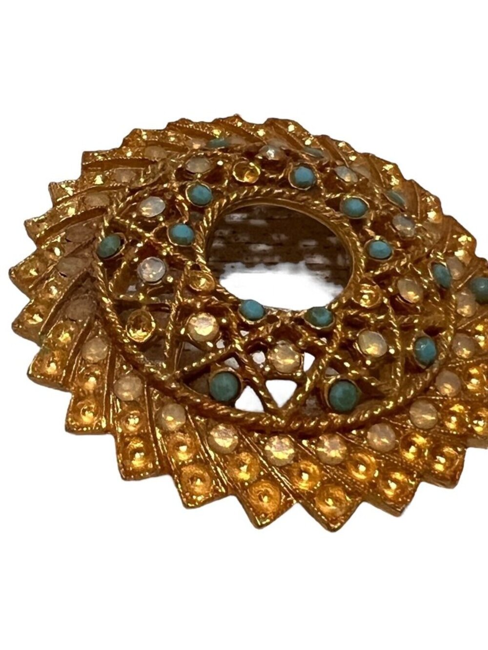 Sarah Cov Signed Vintage Amber Turquoise Rhinestone Gold Costume Brooch Pin - Picture 2 of 9